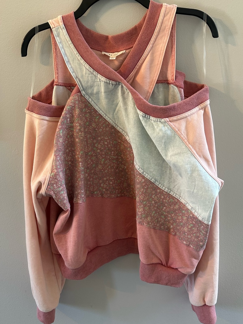 Oli & Hali Patchwork Cold Shoulder Sweatshirt Pink Boho Oversized Top Size Large